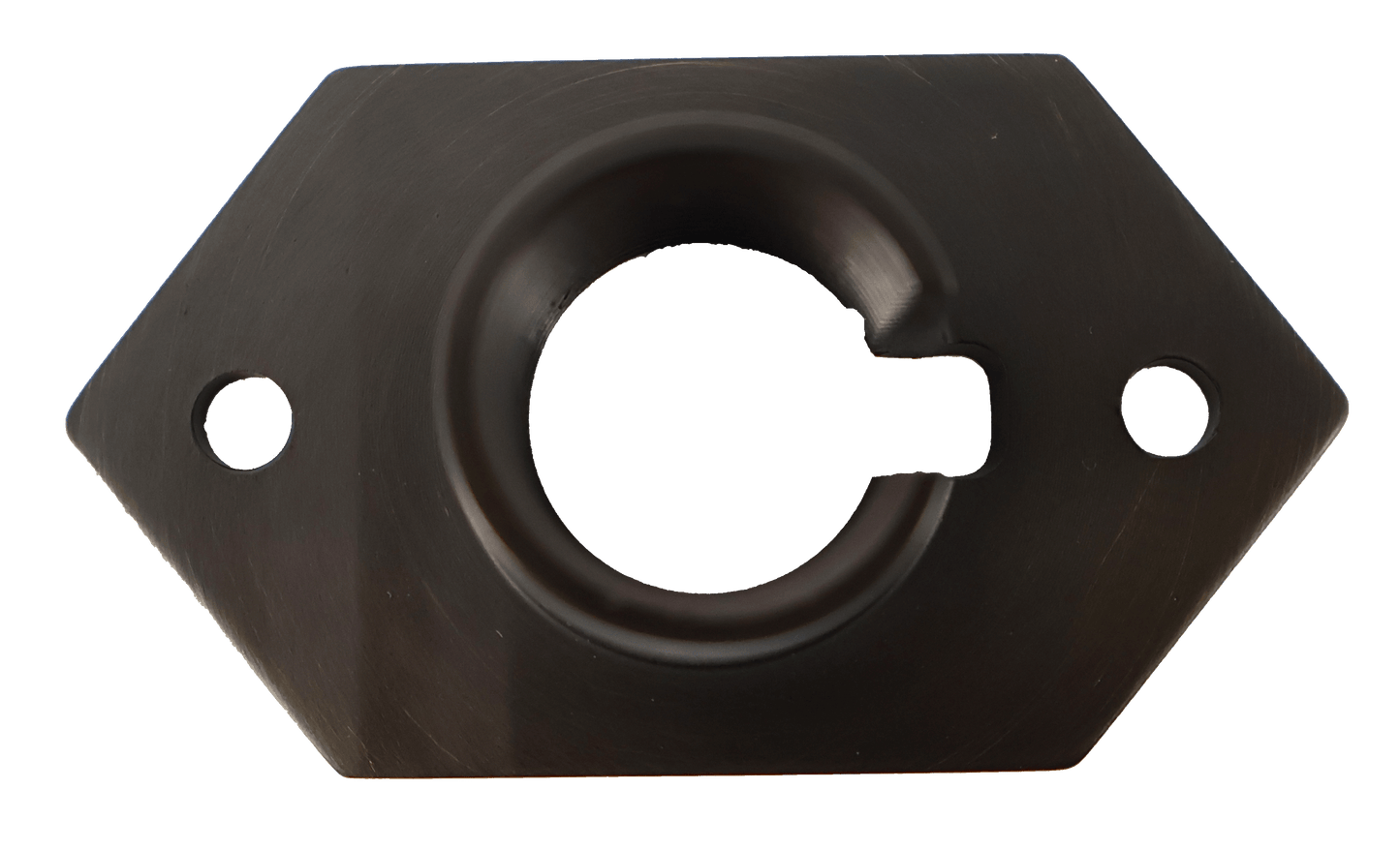 Top view looking down of 702 Lighting Mini Mounting Bracket for Landscape Lighting. Antique Brass, 1/2" npt threads.
