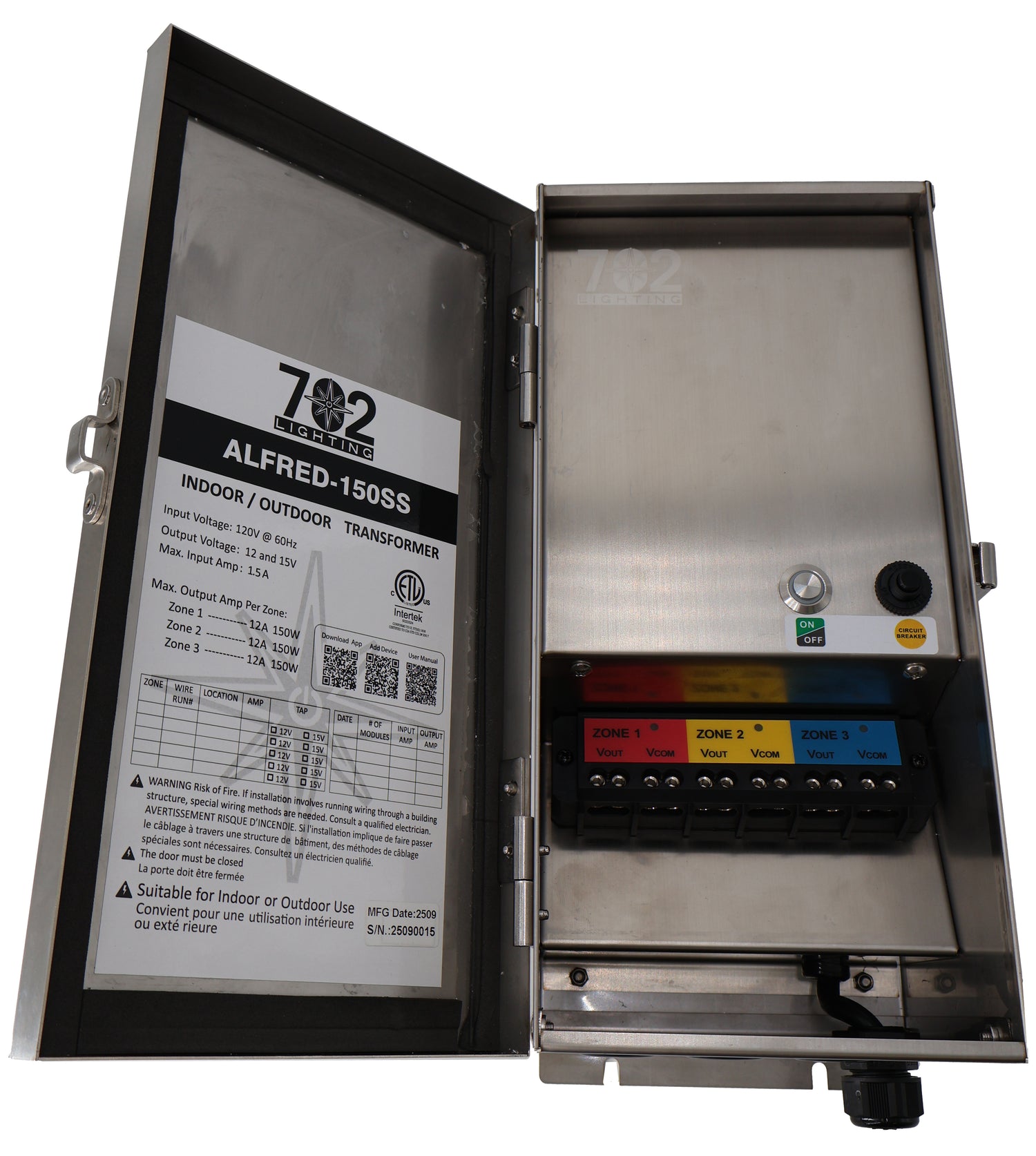 alfred 150w transformer inside panel with door open from 702 lighting