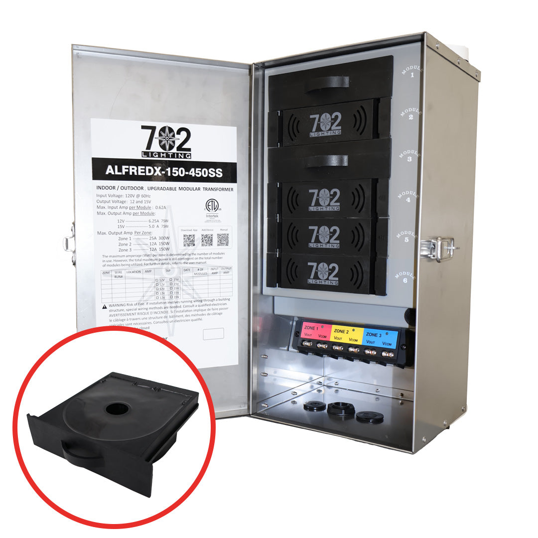 702 Lighting upgradable 150W-450W low voltage lighting transformer known as the "ALFREDX." Expandable with our 75W cassette add ons.